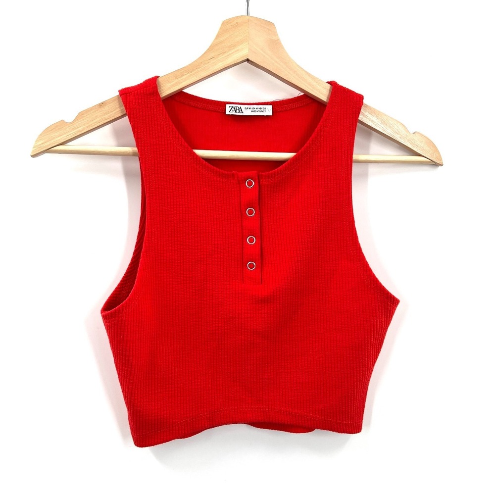 Zara cropped ribbed tank‎ top red retro sporty y2k 90s snap front M